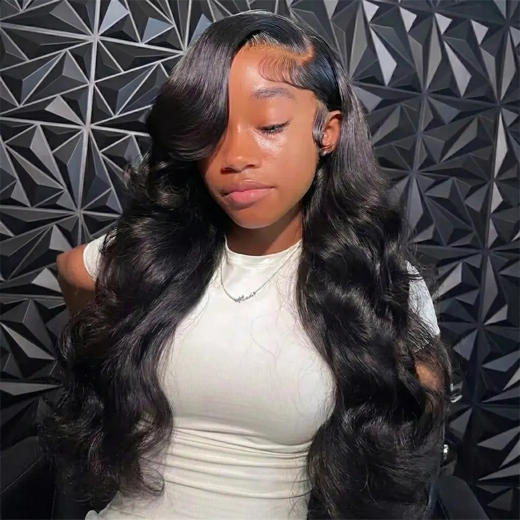 Violet Human Hair Wig, with Transparent Swiss Lace 13x4 Black, Straight, Body Wave and Water